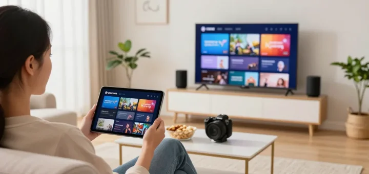 Application IRON TV sur tablette dans un salon moderne, accès à des chaînes variées.